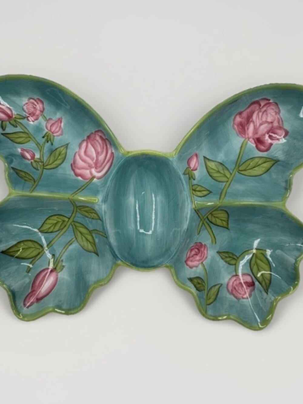 Butterfly Shape 5 Section Platter Ceramic Tray Teal Pink Roses on Branches